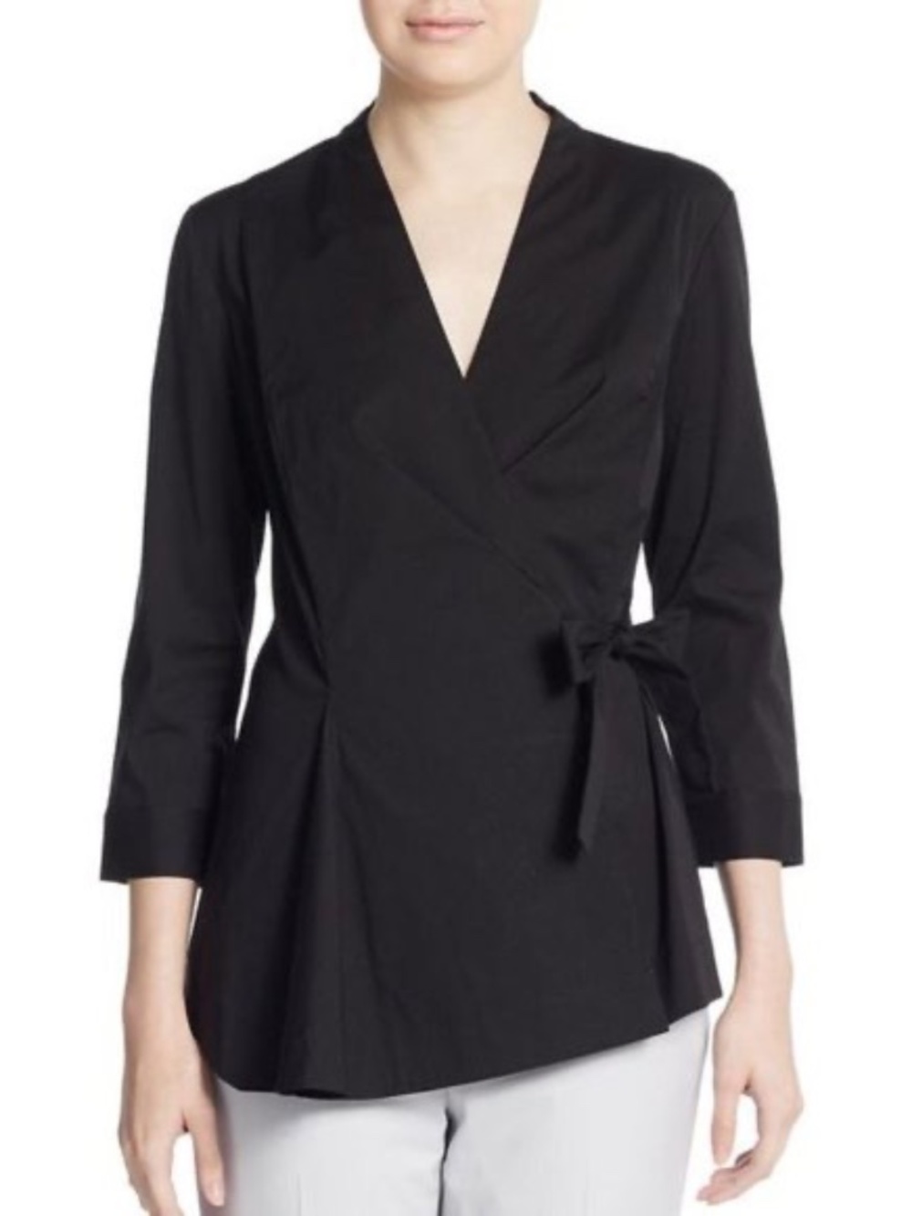 Lafayette 148 New York Jillian Black Wrap Cotton-Blend Tunic Top Sz 12